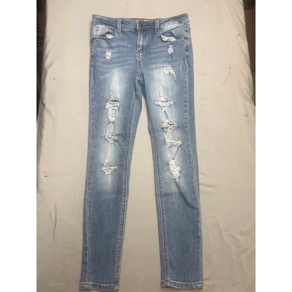 Vanilla Star Mid Rise Skinny Jeans Light Wash Distressed Ripped Denim Size 7